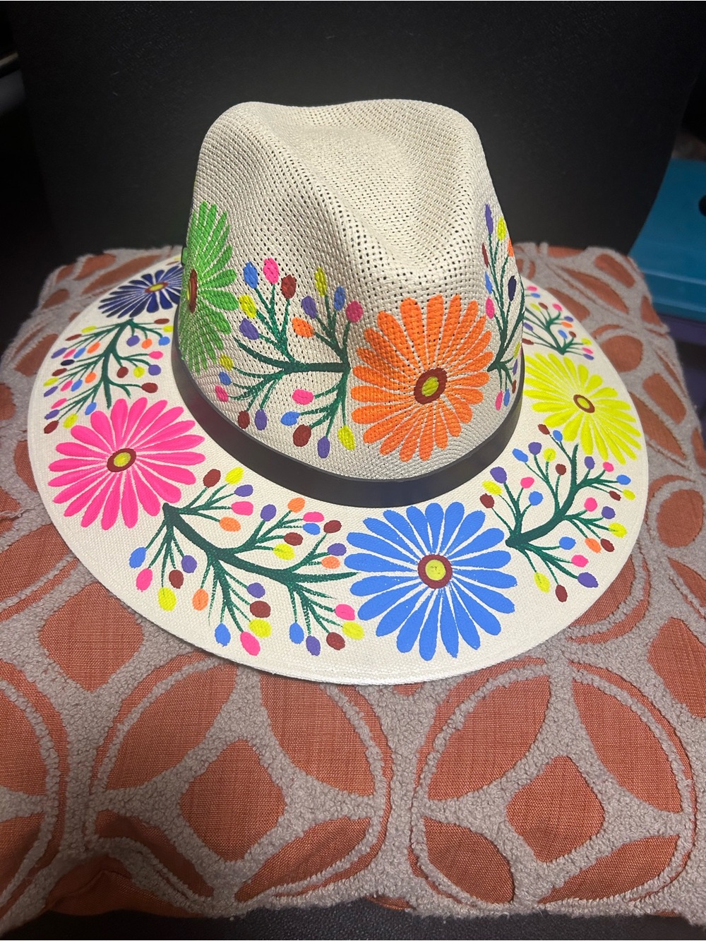 Hand-Painted Floral Fedora Hat — Multicolor Flowers on Cream